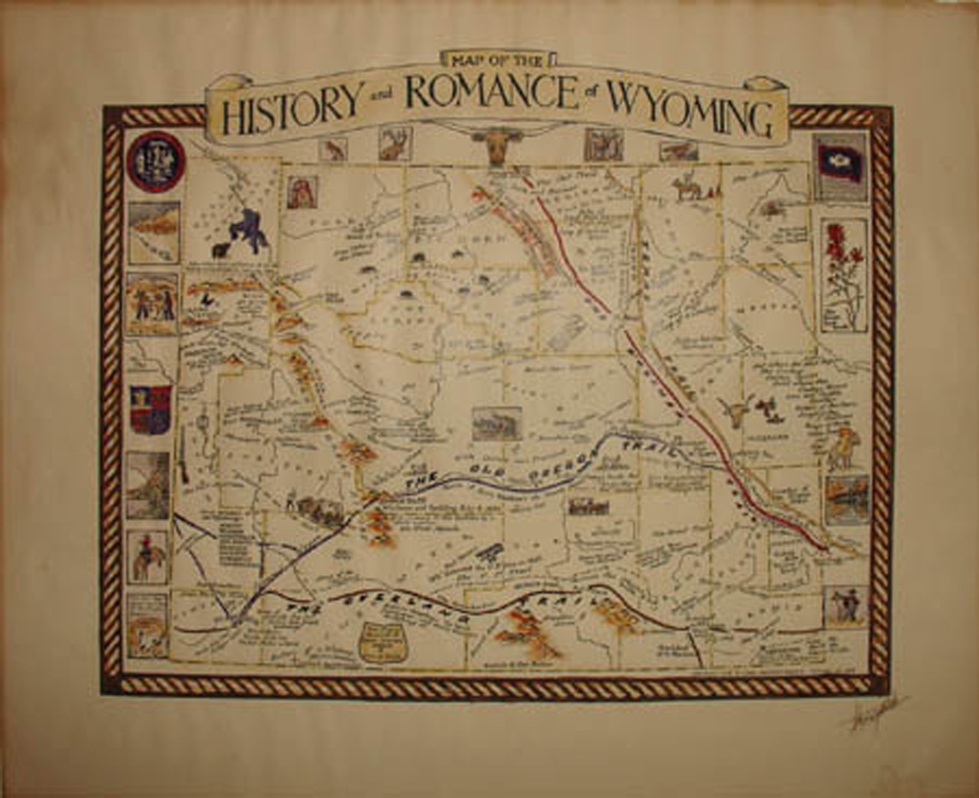 This is a hand colored map depicting historical events in Wyoming with narrative. The map was created by Grace Raymond Hebard in 1936, soon before her death. It is autographed by historian Grace Raymond Hebard in the lower right corner.