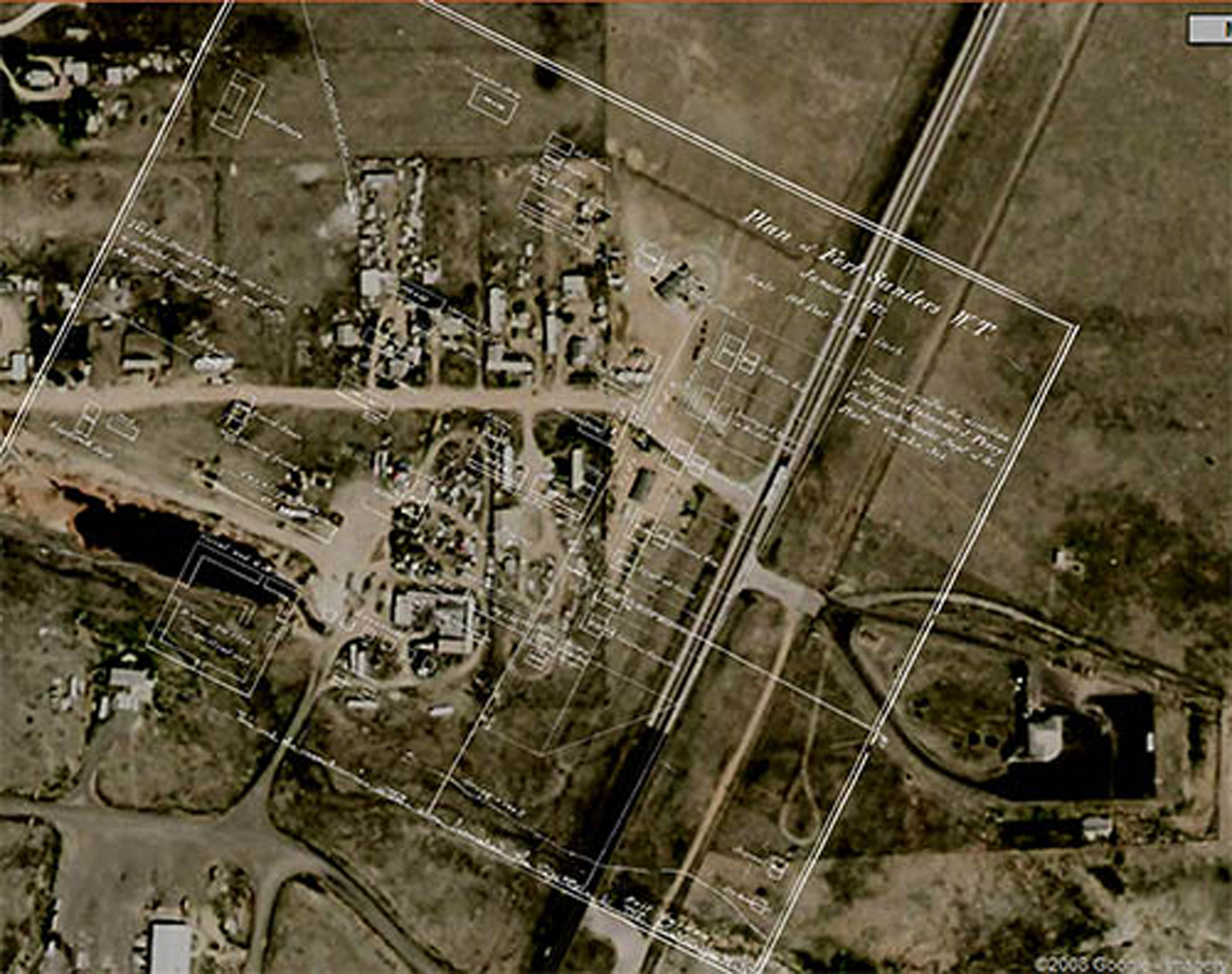 This is a modern aerial view in Laramie, WY of the Fort Sanders property where the building of the Fort were located. Placed on top of the aerial is a drawn layout of Fort Sanders buildings so we can see where on the property these building once stood.