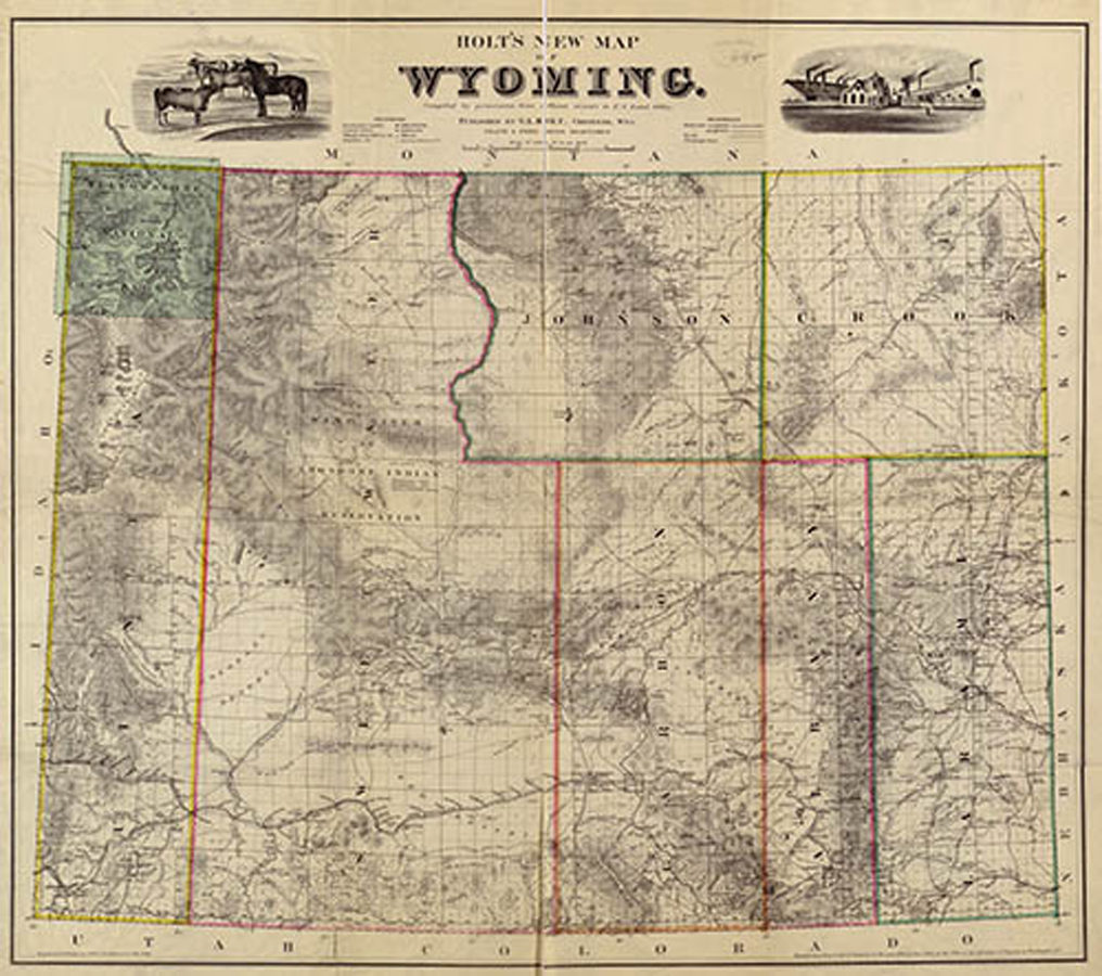 Holt’s new map of Wyoming Territory created in 1883 depicts the counties that made up Wyoming. These counties were eventually decreased in size and additional counties were established.