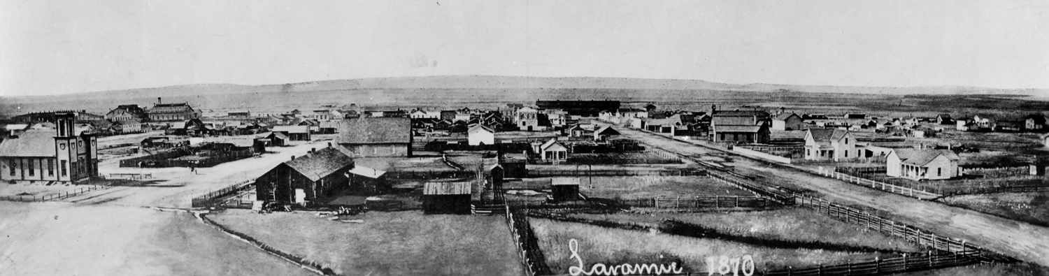 This is a drawing of the newly created town of Laramie, Wy. Laramie grew very quickly from a tent end of tracks town (a Hell on Wheels town) in a permanent and thriving community with the presence of the railroad.